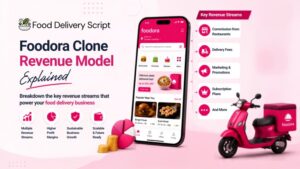 Foodora clone revenue model banner showing key revenue streams and a food delivery app.