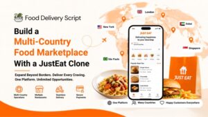 Multi-country food marketplace with a Just Eat clone, featuring a global map, food delivery app, and restaurant ordering interface.