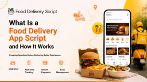 Food delivery app script banner featuring a smartphone ordering interface, delivery rider, food, and a step-by-step illustration of how online food delivery works.