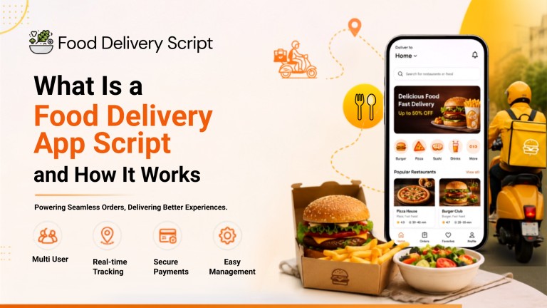 Food delivery app script banner featuring a smartphone ordering interface, delivery rider, food, and a step-by-step illustration of how online food delivery works.