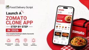 Zomato clone app launch guide for 2026 featuring a food delivery app interface, secure payments, real-time tracking, smart notifications, and multi-restaurant support.