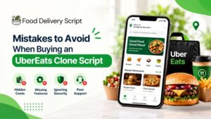 Mistakes to Avoid When Buying an UberEats Clone Script – blog banner featuring a food delivery app, warning icons, delivery bag, burger, salad, and coffee.