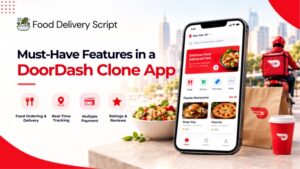 DoorDash clone app banner featuring a smartphone food delivery interface, delivery rider, food packaging, and four key features: food ordering, real-time tracking, multiple payment options, and ratings and reviews.